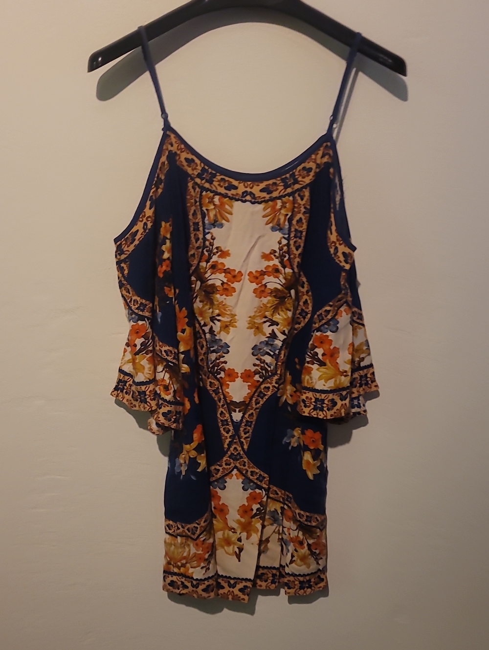 Floral Cold-Shoulder Navy and Cream Summer Dress